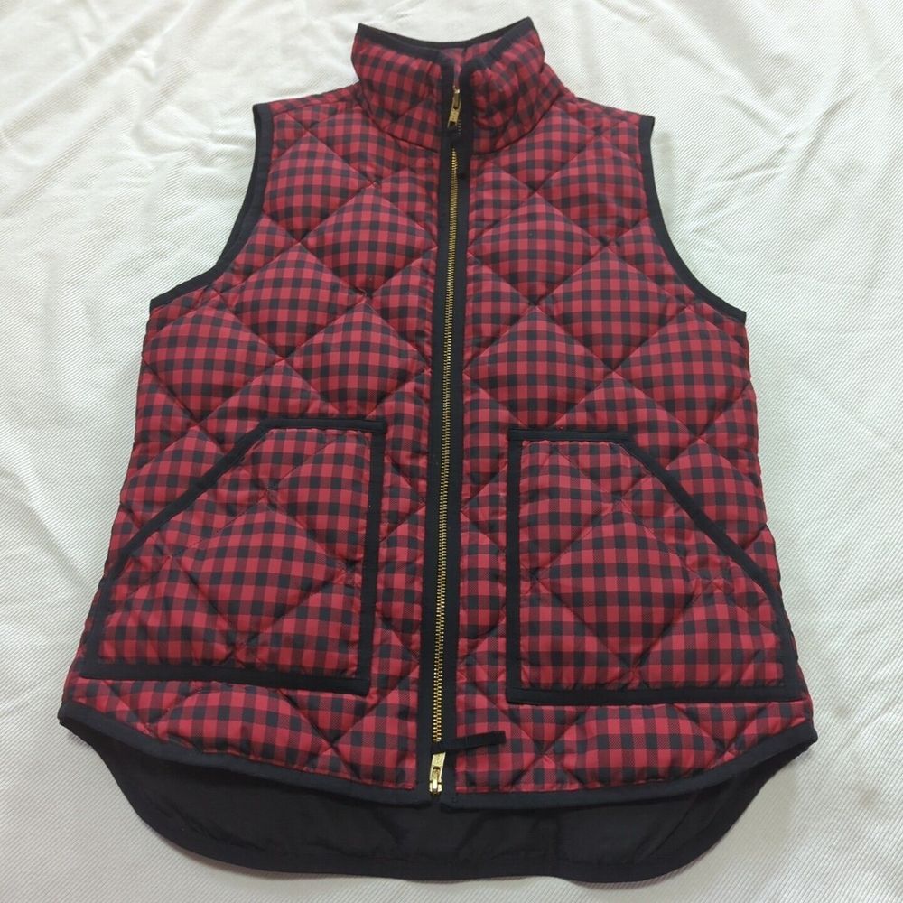 J Crew Womens Puffer Vest XS Red‎ & Black Plaid Quilted Full Zip Down Filled 468